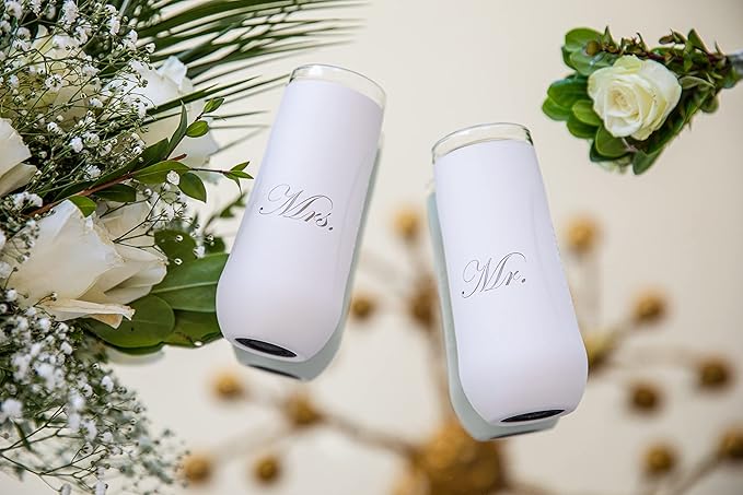 Vinglacé Champagne Bottle Chiller Gift Set- Portable Stainless Steel Sparkling Wine Cooler with 2 Stemless Champagne Flutes, White