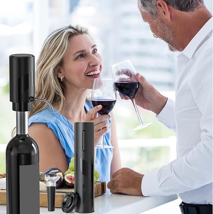 4-in-1 Electric Wine Opener Set – USB Rechargeable with Wine Decanter, Wine Aerator,Pourer, Wine Stopper and Foil Cutter. Gift set for Weddings, Parties, and Home Use, Portable size, Black