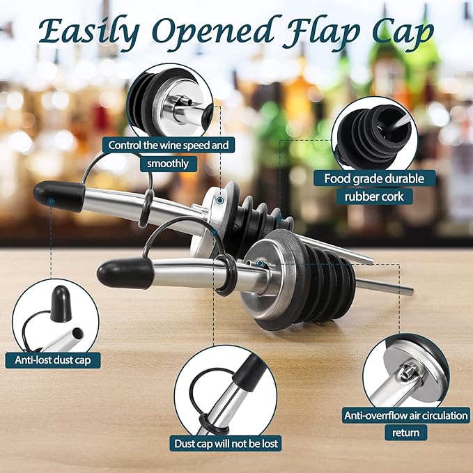 AOZITA 48 Pack Liquor Pour Spout, Stainless Steel Liquor Bottle Pourers with Rubber Dust Caps for Alcohol, Olive Oil, Liquor Pourers with Dust Caps, Speed Pourers, Bar Bartender Accessories