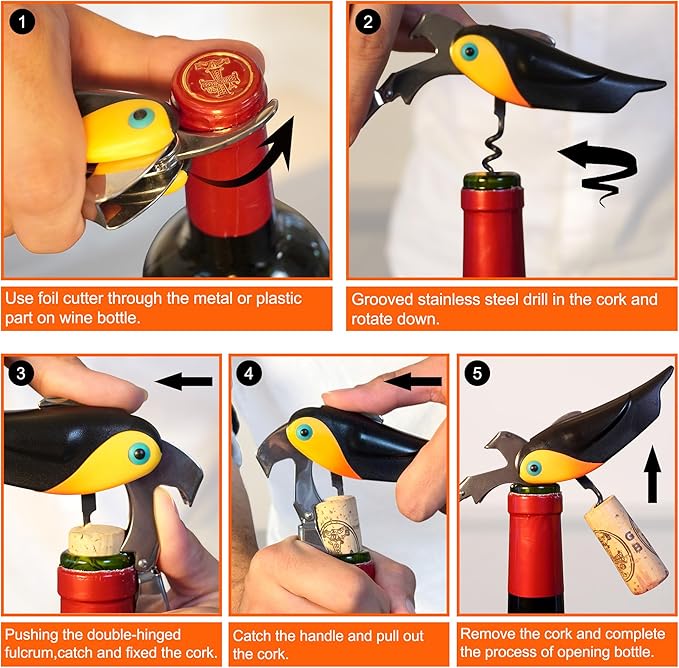 Wine Opener Waiter Corkscrew - Professional Wine Key for Servers & Bartenders with Foil Cutter - Manual Bottle Opener, Double Hinged Bird Shape 3-in-1 (Black)