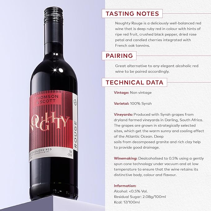 Thomson & Scott Noughty Red, Dealcoholized Rouge Non Alcoholic Red Wine, Dry, Ripe Fruit, Black Pepper, Rose, Cherries, Low Acidity, Organic, Low-Sugar, Syrah Grapes, <0.5% ABV, 750ml Bottle, 1 Pack