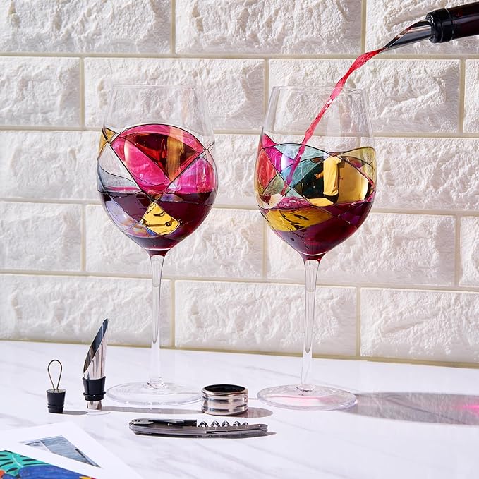 Artisanal Hand-Painted Stemmed Wine Glasses Set with Gift Box – Mother’s Day, Wife, Mom, Friends, or Girlfriend – Romantic Renaissance Stained Glass Windows – Birthday or Housewarming Gift Idea
