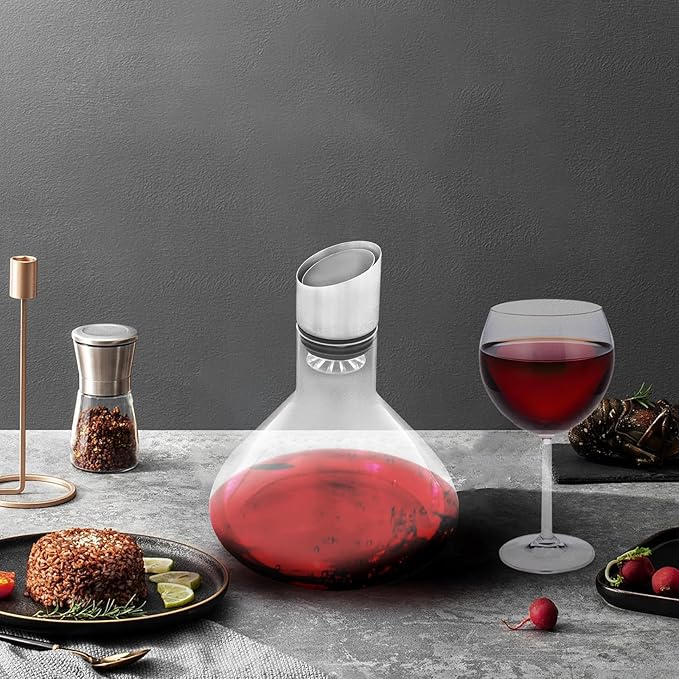 Wine Decanter,Red Wine Carafe with Built-in-Aerator, Wine Aerator, Wine Gifts for Christmas, Stainless Steel Pourer Lid, Filter, 100% Hand Blown Crystal Glass, 1500ml/50.73Oz