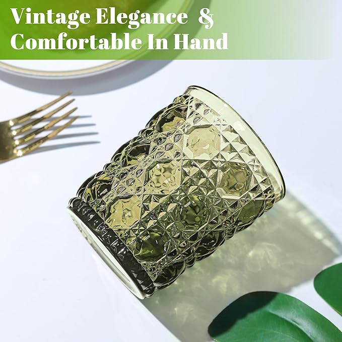 Joeyan Vintage Small Drinking Glasses,Green Embossed Colored Gemstone Water Glass Tumbler,Cocktail Juice Whiskey Milk Wine Glassware Cups,11 oz,Set of 6,Dishwasher Safe