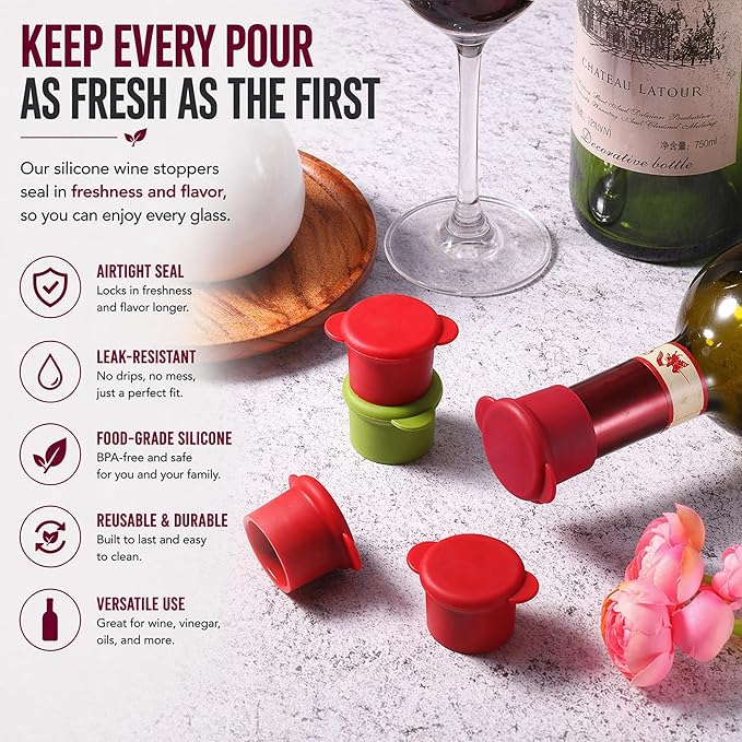 Wine Bottle Caps - Silicone Bottle Covers - Air-Tight Vacuum Seal - Wine Gifts for Women - Set of 4