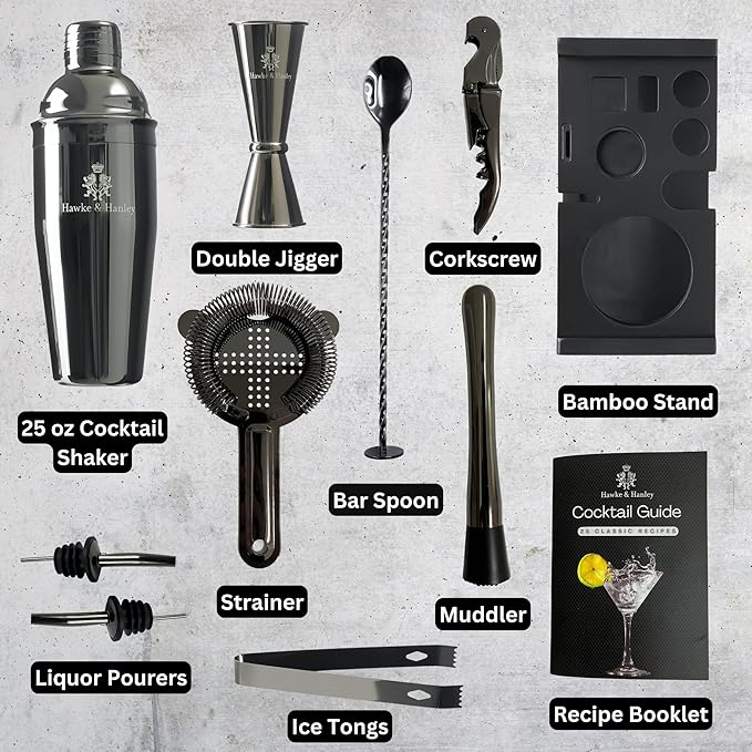 Hawke & Hanley Mixology Bartender Kit: Cocktail Shaker Bar Set with a Martini Shaker, Bar Tools and Black Bamboo Stand | Bartending Kit with Recipe Book | Unique Housewarming Gift (Black)