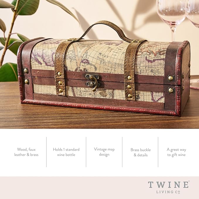 Twine Old World Wine Bottle Gift Box, Wooden Wine Box with Lid and Handle, Wood, Faux Leather, Antique Map Design, Holds 1 Bottle