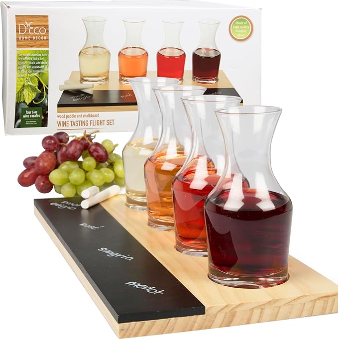 Deco Wine Tasting Flight Sampler Board - Set Includes Four 6 oz Decanter Glasses & Wood Paddle Chalkboard - Great for Charcuterie Boards, Wine Taste Testing, Date Nights - Mothers Day Gifts for Mom