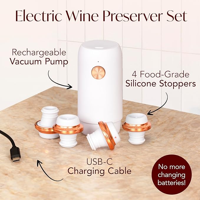 Electric Wine Preserver - Rechargeable Vacuum Saver With Airtight Seal - Automatic Air Remover Pump for 10 Days of Flavor & Freshness - Preservation System (White & Rose Gold)