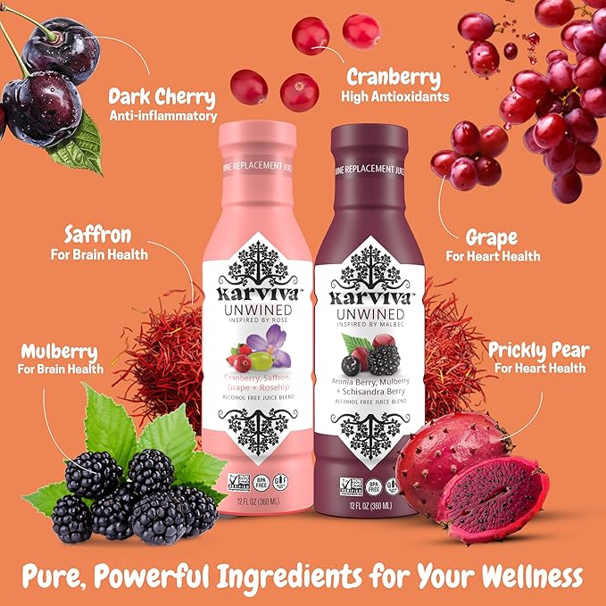 Awards-Winning Non-Alcoholic Wine Alternatives, Variety Pack (Malbec & Rosé) – Ancient Remedies With Adaptogen & Antioxidants for Relaxation, Liver & Brain Detox, Sulfite-Free, Low-Sugar (4 BPA-Free Bottles, 12 oz Each)