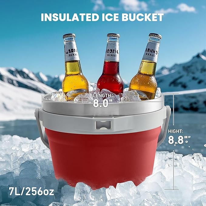 COKTIK 7L Vacuum Insulated Ice Bucket with Lid and Scoop& Tongs，Large capacity Stainless Steel Beverage Bucket for Cocktail, Champagne, Wine, Beer，Large Parties（Red Suit）