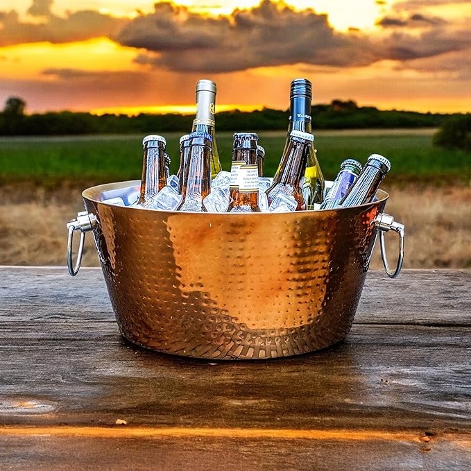 BREKX Insulated Rose Copper Double Walled Ice Bucket for Parties, Anchored Wine Bucket/Large Ice Bucket with Handles, Drink Cooler for Parties, 12 Quarts (3 Gallon)