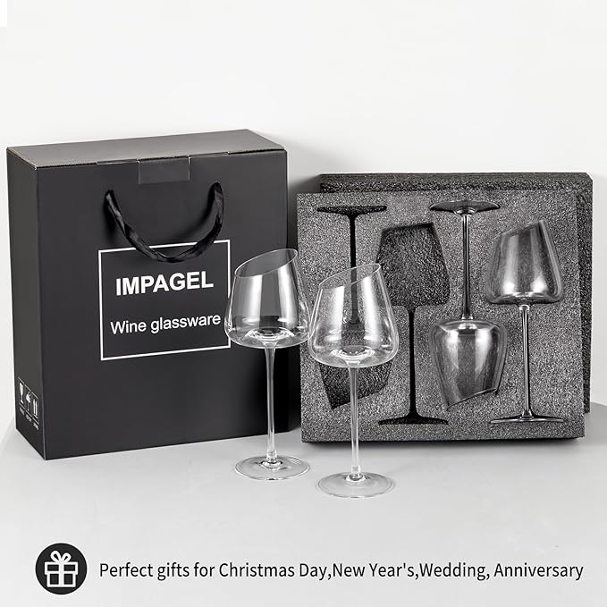 Slanted Red/White Wine Glasses, Crystal, Large, Hand-Blown Set of 4 Modern Long Stem Wine Glasses, Premium Clear Glass with Unique Concave Base, Gift Packaging for Christmas Birthday 18 oz