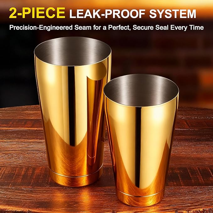 Boston Shaker Set, 18oz & 28oz 2-Piece Tins, Professional 304 Stainless Steel Cocktail Shaker with Leak-Proof Weighted Base for Bartending, Home & Bar Use (Gold)