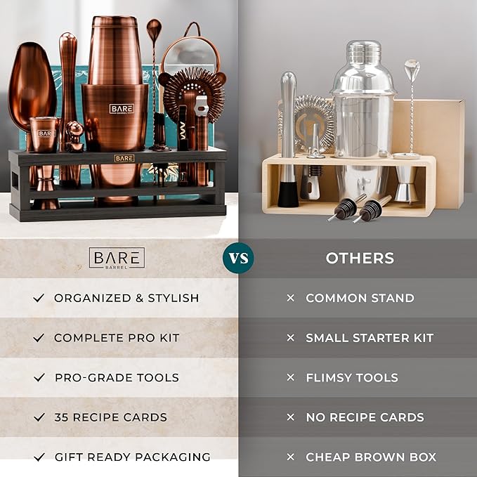 BARE BARREL® Mixology Bartender Kit Bar Set | 16-Piece Cocktail Shaker Set | Martini Barware Mixing Tools for Home Bartending | Incl. 35 Recipe Cards | Gift Set (28oz Boston Shaker, Copper/Black)