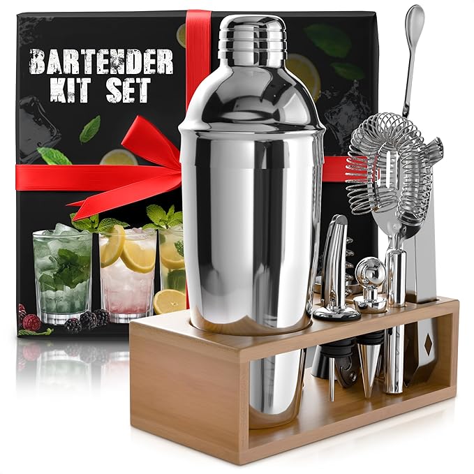 Bar Set & Cocktail Shaker Kit (10-Piece) — Stainless Steel Mixology Bartender Kit with Shaker, Jigger, Strainer, Muddler, Spoon, Tongs, Corkscrew & Wooden Stand — Bar Tools Gift for Cocktail Lover