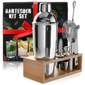 Bar Set & Cocktail Shaker Kit (10-Piece) — Stainless Steel Mixology Bartender Kit with Shaker, Jigger, Strainer, Muddler, Spoon, Tongs, Corkscrew & Wooden Stand — Bar Tools Gift for Cocktail Lover