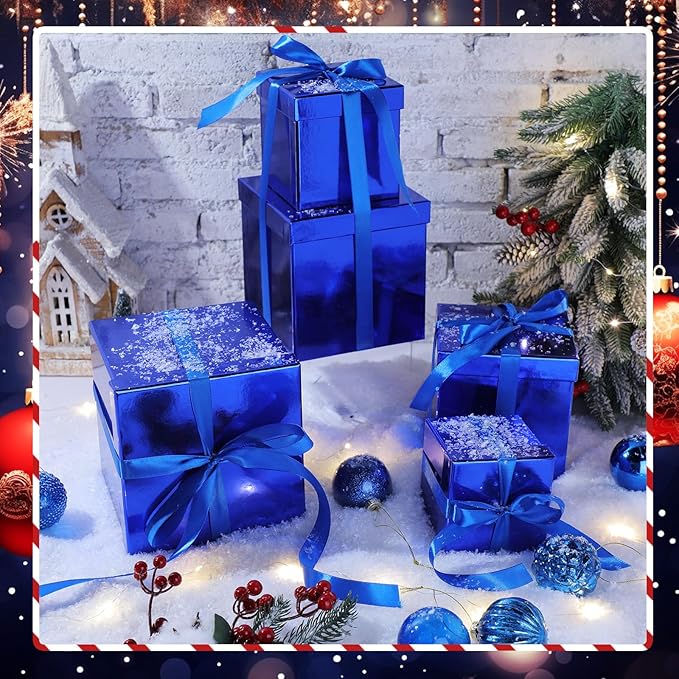 Cholemy 5 Pcs Square Nesting Boxes Decorative Gift Boxes with Lid and Ribbon Assorted Sizes Wrap for Wedding, Carnival, Anniversary, Birthday, Bridal Shower Party Gifts(Shiny Blue)