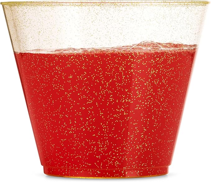100 Glitter Plastic Cups - 9 Oz Clear Plastic Cups Old Fashioned Tumblers -Gold Glitter Cups Disposable Wedding Cups Party Cups