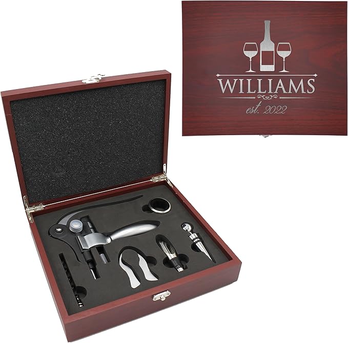My Personal Memories Custom Engraved 5 Piece Wine Tool Opener Accessories Box Set - Customized Wine Lovers for Anniversary, Weddings, and More (Rosewood)