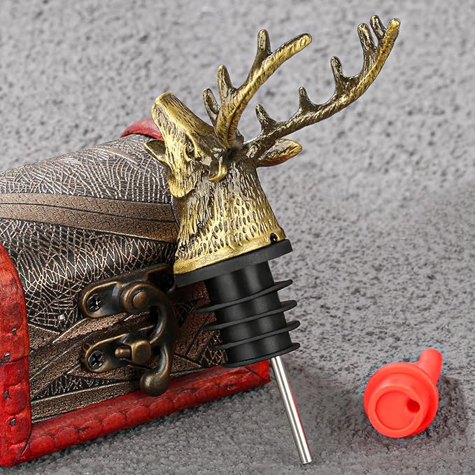 Deer Head Liquor Pourers Spout, Deer Wine Bottle Pourer and Stopper for Wine Spirits, Stag Gifts Birthday Gifts Hunting Gifts for Hunters Men Women, Bronze
