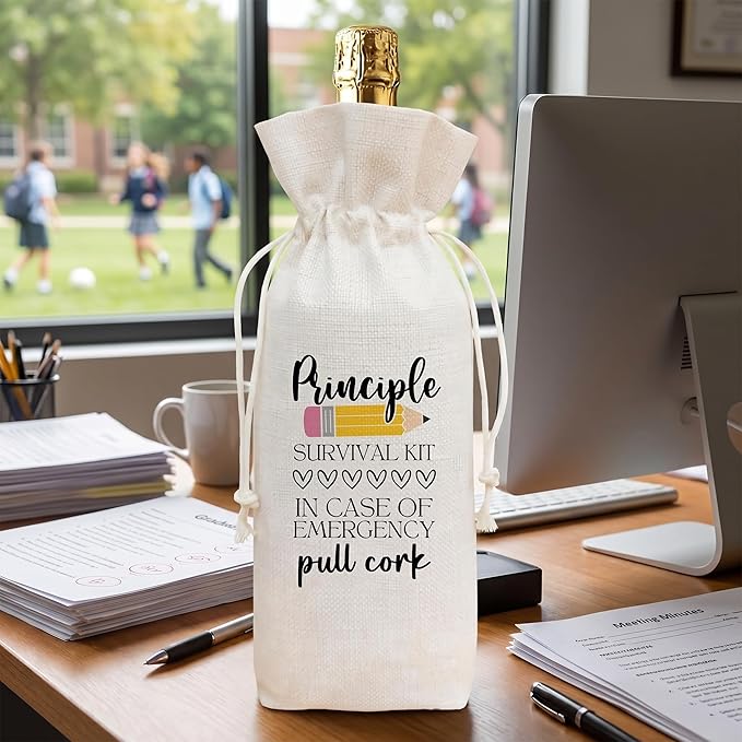 Principal Appreciation Gift Wine Bag, Funny Survival Kit Linen Drawstring Wine Bottle Cover, Reusable Wine Pouch for Principal Back to School Retirement Birthday Thank You Gift - A07