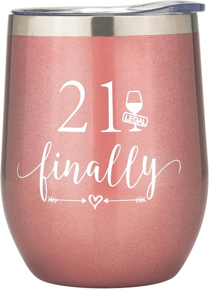Crisky Rose Gold 21 & Finally Wine Tumbler for Girl 21st Birthday Gifts Funny Ideas for Girlfriend, Sister, Friends, Daughter, Her Wine Glass, Vacuum Insulated Coffee Cup 12oz, with Box, Lid and Straw