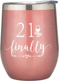 Crisky Rose Gold 21 & Finally Wine Tumbler for Girl 21st Birthday Gifts Funny Ideas for Girlfriend, Sister, Friends, Daughter, Her Wine Glass, Vacuum Insulated Coffee Cup 12oz, with Box, Lid and Straw