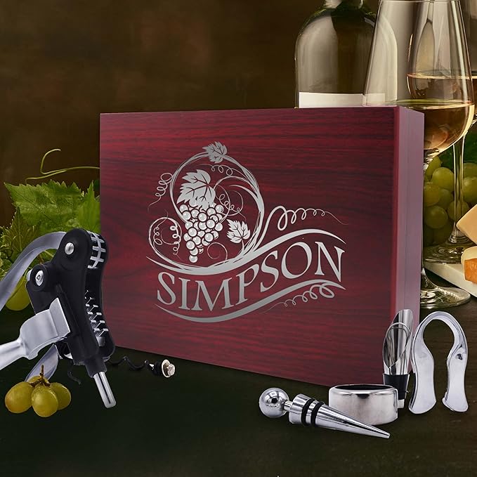 My Personal Memories Custom Engraved 5 Piece Wine Tool Opener Accessories Box Set - Customized Wine Lovers for Anniversary, Weddings, and More (Rosewood)