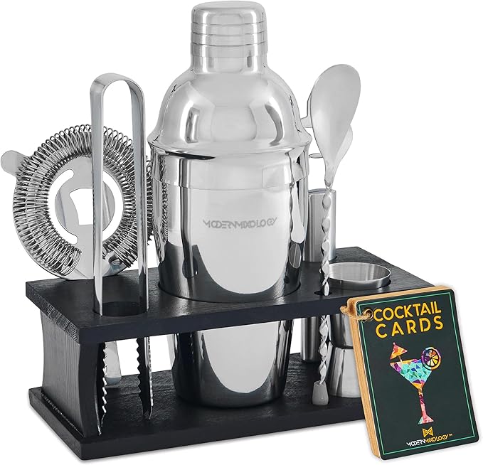 Modern Mixology Cocktail Shaker Set - Bartender Kit with Pine Stand | Leak-Proof Design | Includes Martini Shaker, Jigger, Strainer, Spoon, Tongs | Perfect Bar Tools Gift for Home Mixology (Silver)