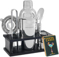 Modern Mixology Cocktail Shaker Set - Bartender Kit with Pine Stand | Leak-Proof Design | Includes Martini Shaker, Jigger, Strainer, Spoon, Tongs | Perfect Bar Tools Gift for Home Mixology (Silver)