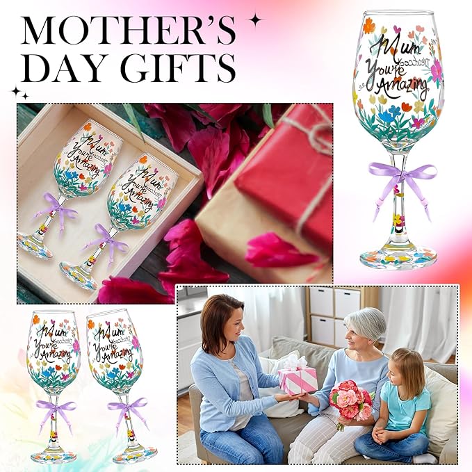 SiliFine 4 Pcs Mother's Day Floral Stemmed Wine Glasses Hand Painted Flower Drinking Cup with Bow Wine Glasses Gifts for Birthday Theme Holiday Party Supplies