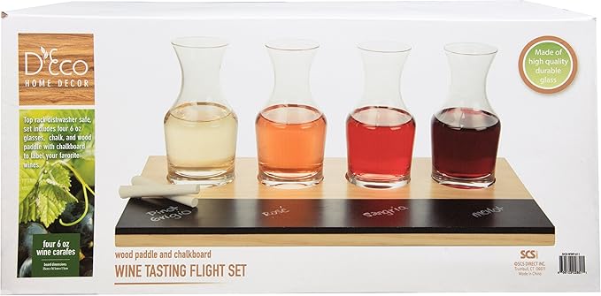 Deco Wine Tasting Flight Sampler Board - Set Includes Four 6 oz Decanter Glasses & Wood Paddle Chalkboard - Great for Charcuterie Boards, Wine Taste Testing, Date Nights - Mothers Day Gifts for Mom