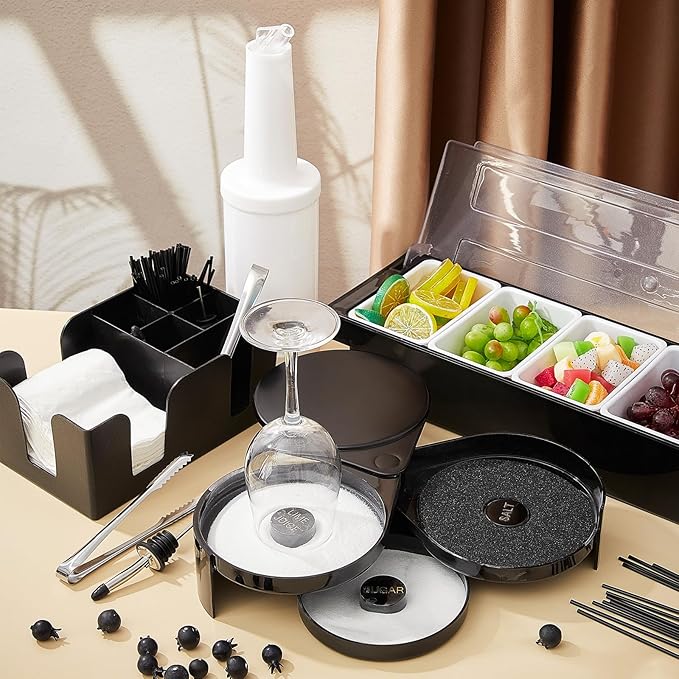 Mifoci Bartending Supplies 5 Compartments Garnish Tray with Lid Bar Caddy 3 Tier Glass Rimmer Stainless Steel Bottle Pourers Juice Pouring Cocktail Tools Plastic Serving Accessories