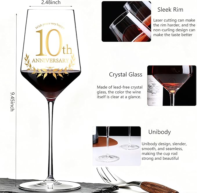 10 Years Anniversary Wine Glass Gift Set of 2 Happy 10th Anniversary Package with 2 Wine Glasses, Wine Bag, and Greeting Card Gifts for Couple Husband and Wife