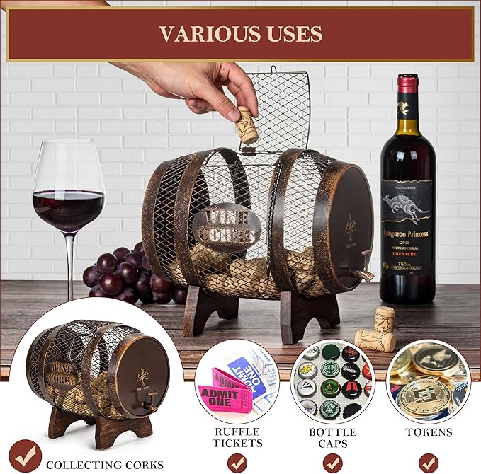 Rustic Metal Large Barrel Wine Cork Holder Display On Wooden Stand, Container for Display, Home Decor, Housewarming Gifts, Home Bar Decor, Wine Gifts, Engagement Gifts, Kitchen Decor