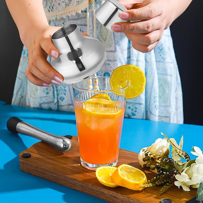 Silver Cocktail Shaker Set - Bartender Shaker Kit with Mixing Tools & Stainless Steel Strainer, Premium Bar Tool Set for Crafting Martinis & Whiskey Cocktails