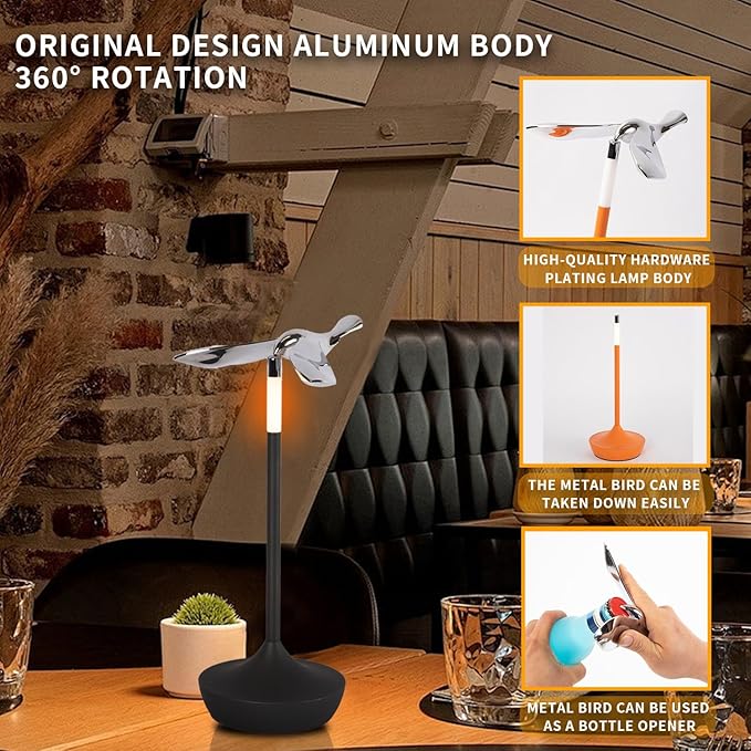 Cordless Table Lamp with Bottle Opener, Rechargeable LED with Funny Bird Corkscrew,Touch Dimmable Bedside for Restaurants and Dining Home Indoor/Outdoor，Children's gifts，Art Deco，Bar Accessories