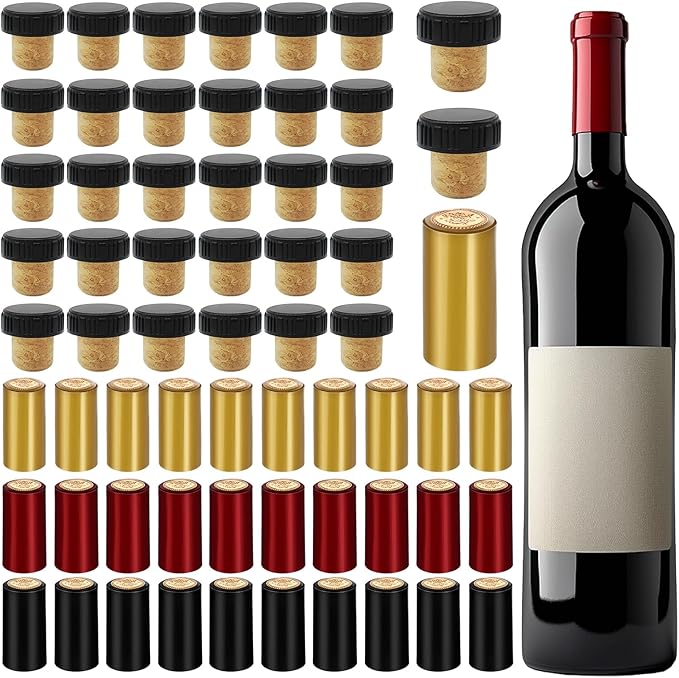 60Pcs Wine Bottle Sealer for Cruise - 30Pcs Heat Shrink Wine Sealer Capsules & 30Pcs Wines Corks Stoppers Cap, PVC Wines Bottle Resealer Kit for Recorking(3 Color)