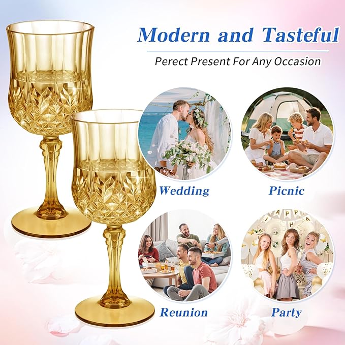 7OZ Plastic Wine Glasses, Disposable Goblets Drinking Glasses Crystal Vintage Water Cups Unbreakable Champagne for Wedding, Parties, Valentine's Day (Yellow)