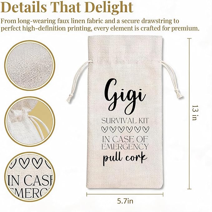 Funny Gigi Survival Kit Wine Bag, Linen Drawstring Wine Bottle Gift Bag, Reusable Wine Pouch for Gigi Birthday Mother's Day Christmas Grandparents Day, 13 x 5.7 Inch - A04