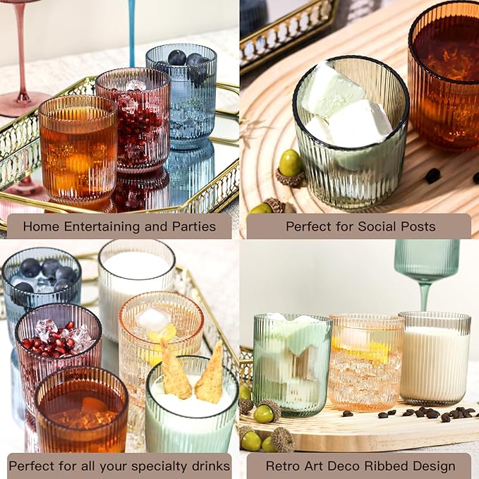 8.5 oz Drinking Glasses, Colored Highball Glasses Set of 6, Ribbed Glassware Glass Cups, Water Glasses for Juice, Iced Coffee Cups, Cocktail Glasses