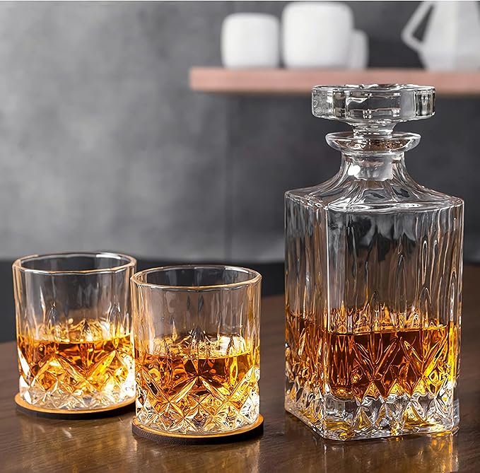 Whiskey Decanter Set,800ML Elegant Liquor Carafe with Ornate Glass Stopper and 2 Matching Whisky Tumblers–Whisky,Scotch, Liquor, Wine, Bourbon, Gin, Rum, Tequila, Vodka and Brandy (Iceberg Style)
