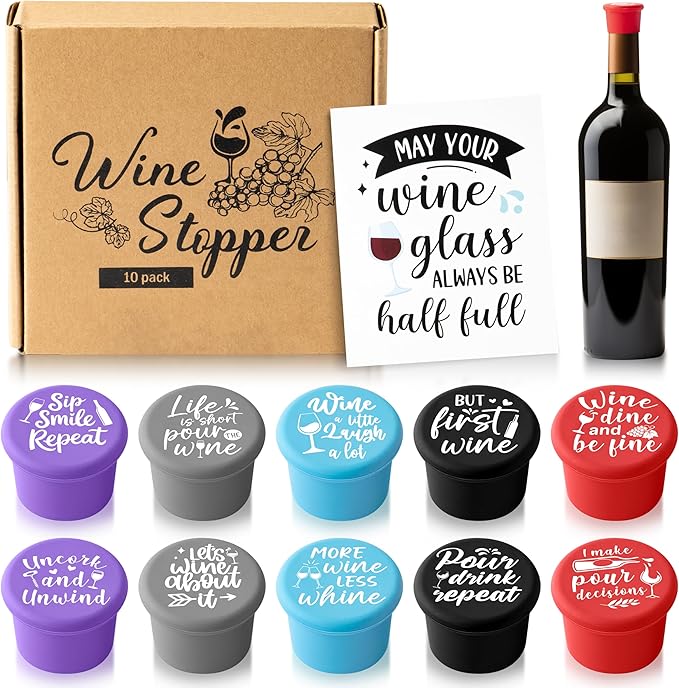 10Pcs Wine Stoppers Gift Set Funny More Wine Less Whine Pattern Silicone Bottle Covers Reusable Beverage Corks Strong Sealing Liquor Accessories for Outdoor Picnics Weddings Barbecues Party