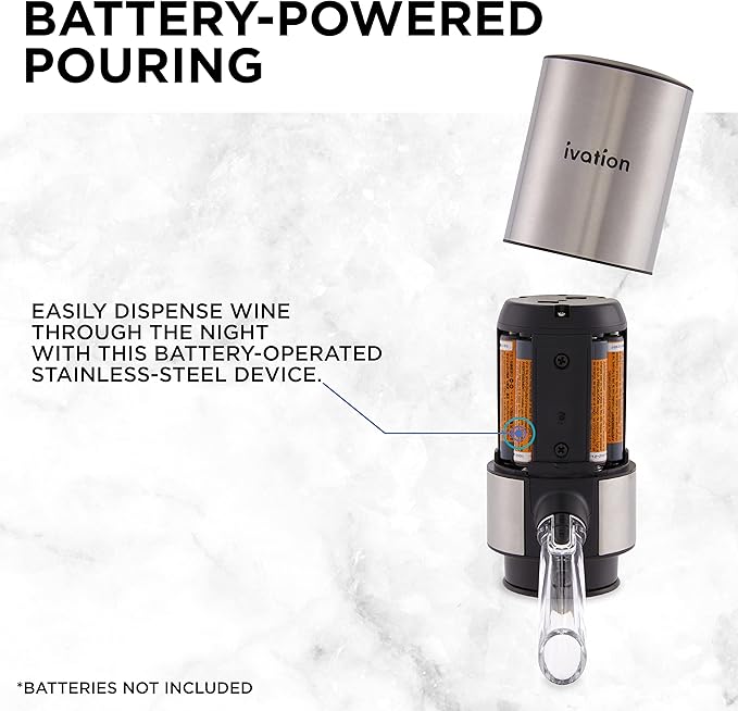 Ivation Stainless Steel Wine Aerator & Dispenser Set | Electric Battery-Operated Universal Wine Spout with Automatic Button Dispenser, Aeration Control, Stainless Steel Extension Rod & Storage Stand