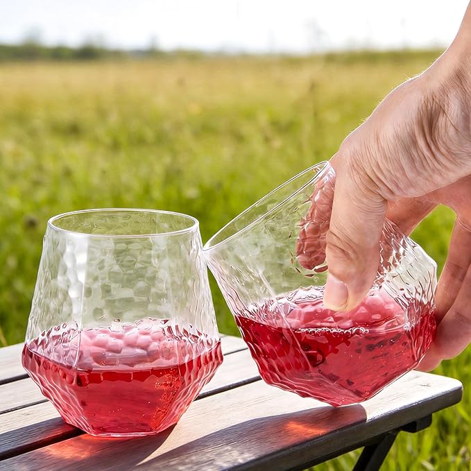 Goodluck 40 PCS Diamond Stemless Plastic Wine Glasses, 12 Oz Disposable Fancy Plastic Cups, Suitable for Weddings, Birthday Parties, Family Gatherings, Bars, etc （Hammered Clear cups）