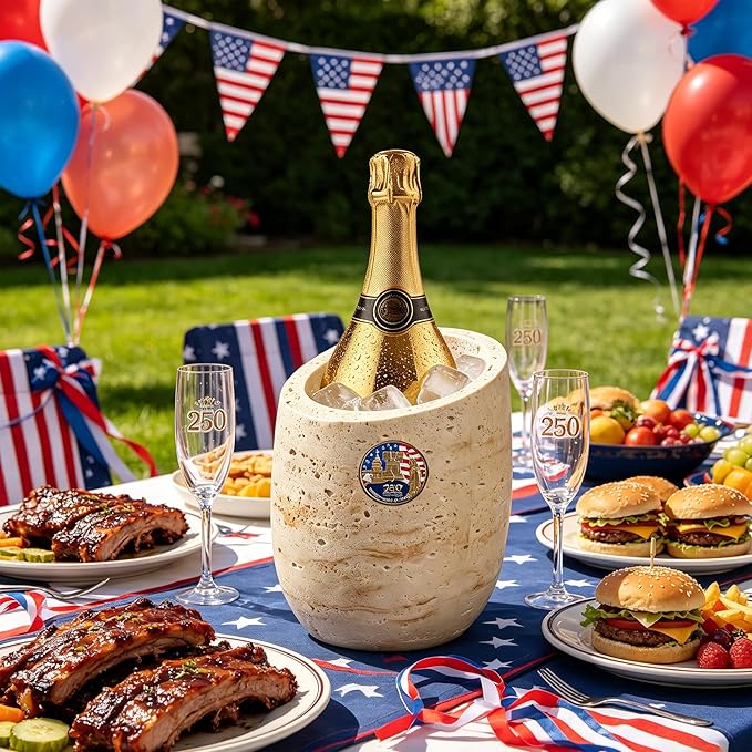 250th Years of United States Wine Chiller & Champagne Cooler – Travertine-Textured Resin Bucket for Rapid Cooling, Perfect for Independence Day Celebration, Home Party Decor – Wine Lovers Gift (Beige)