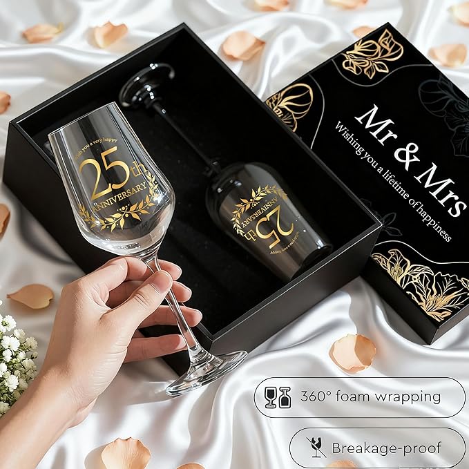 25 Years Anniversary Wine Glass Gift Set of 2 Happy 25th Anniversary Package with 2 Wine Glasses, Wine Bag, and Greeting Card Gifts for Couple Husband and Wife