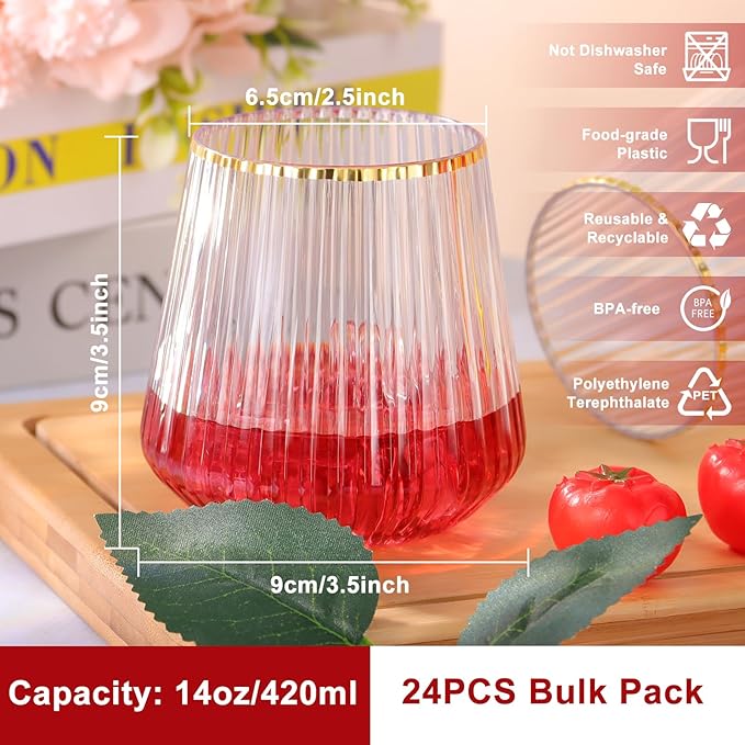 24 Pack Plastic Ribbed Wine Glasses with Gold Rim, 14oz Stemless Disposable Wine Cups, Clear Unbreakable Outdoor Cocktail Glasses, Heavy Duty Reusable Plastic Drinking Cup for Party Wedding Mimosa Bar
