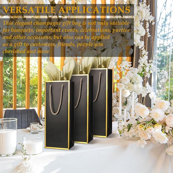 TaoBary 50 Pcs Wine Gift Bags and Gold Wrapping Paper Set Wine Bags for Bottle Bulk 4 x 5 x 13 Inch Champagne Gift Paper Sack with Handles for Christmas Appreciation Wedding Anniversary(black,30 Pcs)